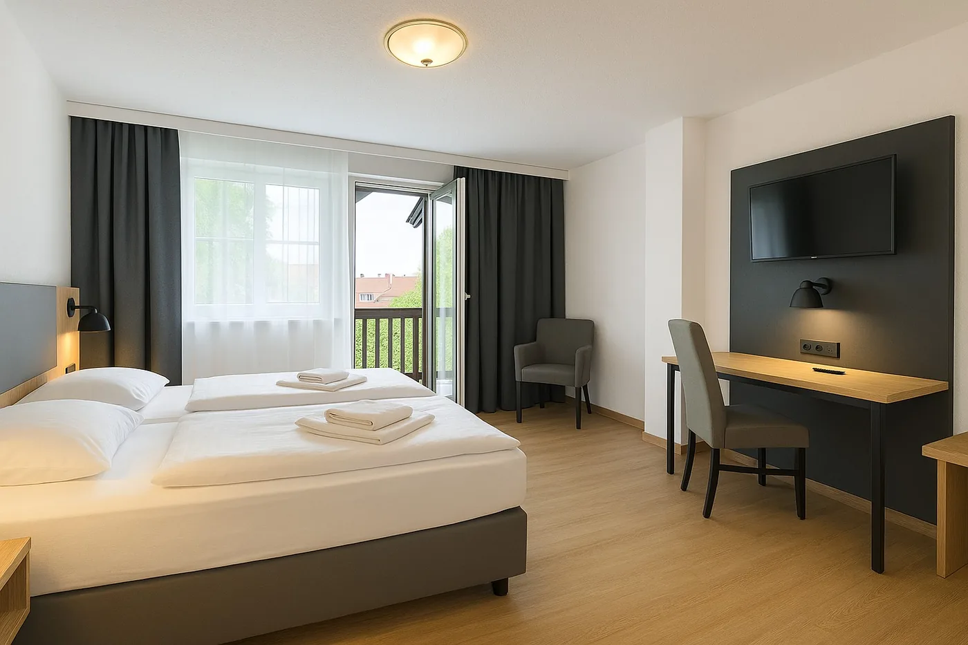 Zimmer im A8 Hotel mit Schreibtisch und Fernseher